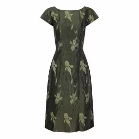 1960s Green Floral Metallic Brocade Dress