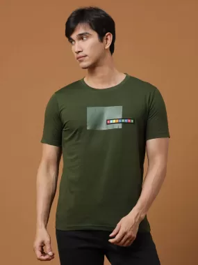 Estilocus Dk Olive Crew Neck Printed T Shirt