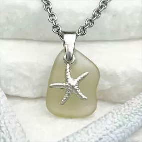 Gentle Yellow Sea Glass Pendant with Sterling Silver Starfish Charm | 5247